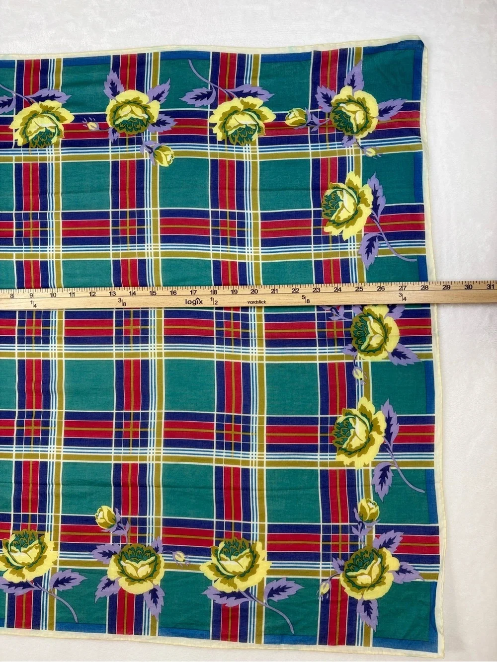 Vintage Kenzo Tokyo Cotton Scarf Plaid Teal Yellow Floral 28” Japan